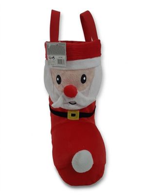 chaussette de Noël en peluche représentant le Père Noël, avec un bonnet rouge et une barbe blanche