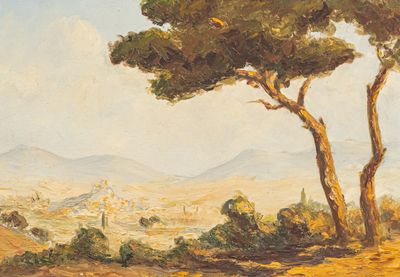peinture représentant un paysage avec des arbres et un château au loin