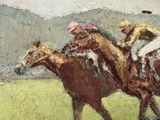 a painting of two jockeys riding horses in a race