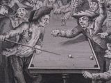 a drawing of a billiards game being played by a group of people