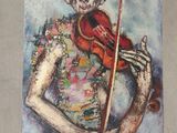 painting of a man playing a violin in front of a painting of a monkey