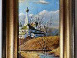 an oil painting of a church on a hill in a field