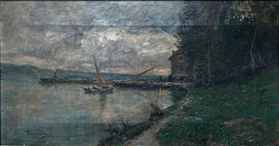 une peinture représentant un bateau sur un plan d'eau
