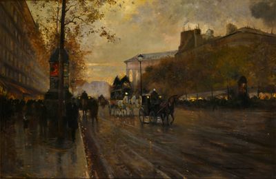 peinture représentant une scène de rue avec une calèche sur la route