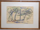 drawing of a landscape with trees and a river in the distance