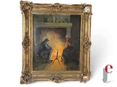 a painting of a man and a woman sitting by a fire