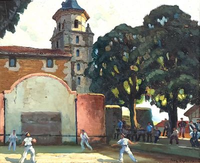 a painting of a baseball game being played on a sunny day
