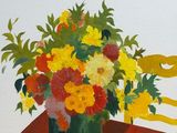 a painting of a vase of flowers on a table