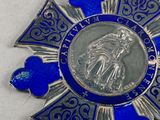 silver and blue medal with a silver medal on a white surface