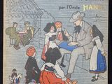un vieux livre sur lequel figure l'image d'un homme assis sur un banc