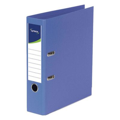 a blue ring binder with a white label on it