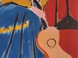 painting of a woman in a blue dress sitting next to a guitar