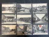 several old black and white photographs of a town street