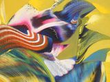 abstract painting of a colorful flower on a yellow background