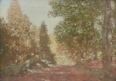 peinture représentant un chemin de terre dans une zone boisée, avec des arbres