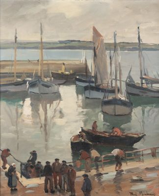un tableau représentant un groupe de personnes debout sur la plage