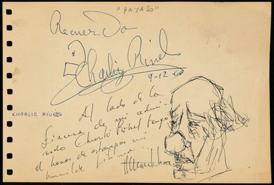a black and white drawing of a man ' s face with a handwritten note