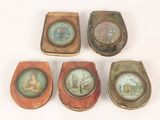 four small antique tinned boxes with miniature pictures of people on them
