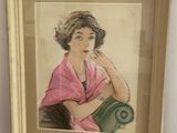 painting of a woman in a pink dress sitting on a green chair