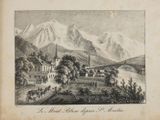 dessin représentant une vue d'un village avec un pont et des montagnes en arrière-plan
