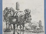 drawing of two horses pulling a cart with a man on it