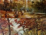 deux photos : l'une représentant un tableau représentant une rivière et l'autre représentant un tableau représentant une ville
