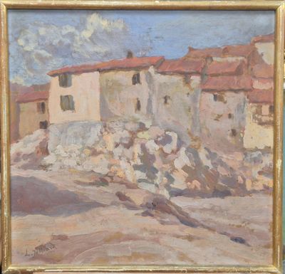 une image d'une peinture représentant une maison sur une colline