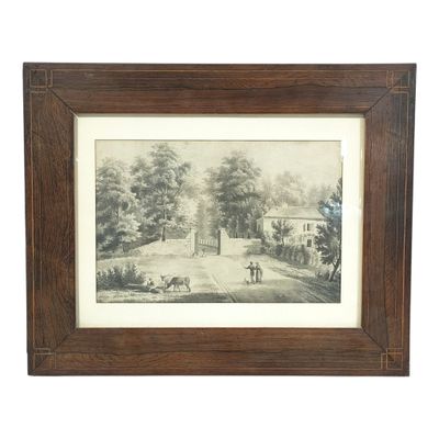 un vieux dessin représentant une scène de vie à la ferme, dans un cadre en bois