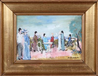 an oil painting of a group of people standing in a park