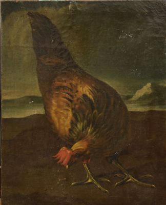 a painting of a chicken standing on top of a dirt ground
