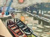 tableau représentant des bateaux amarrés dans un port par temps nuageux