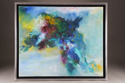 abstract painting of blue and yellow flowers in a silver frame