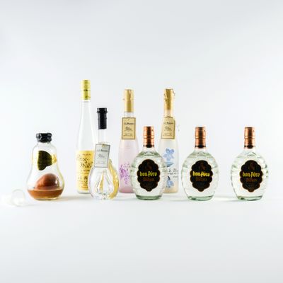 des bouteilles de différentes sortes d'alcool alignées sur une surface blanche