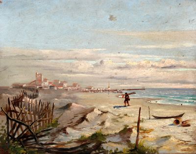 une peinture de personnes sur la plage au bord de l'eau