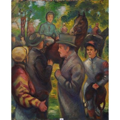 un tableau représentant un groupe de personnes rassemblées autour d'un cheval