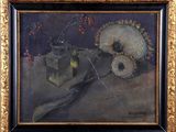 painting of a still life with a fan and a vase on a table