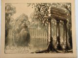 an old drawing of a gazebo in a park next to a body of water