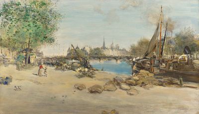 un tableau représentant une scène fluviale avec des bateaux sur l'eau