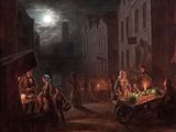 une image représentant un tableau où l'on voit un groupe de personnes dans une rue, la nuit