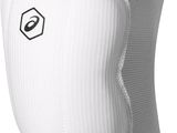 a close up of a white knee with a black logo on it