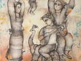a painting of a group of people riding on top of a horse