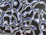représentation d'un tableau abstrait en noir et blanc rehaussé de touches de bleu