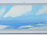 an oil painting of a beach scene with a blue sky and white clouds
