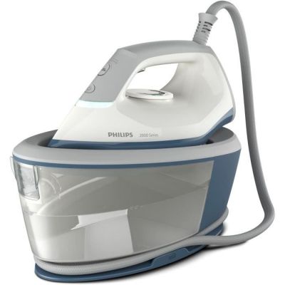 a close up of a white and blue steam iron on a white background