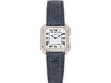 a lady ' s cartier watch with diamonds and blue leather strap