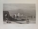 an old black and white drawing of a castle by the water