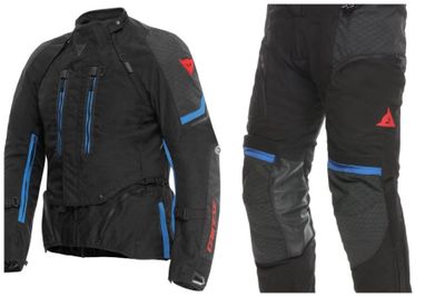 a picture of a pair of black and blue motorcycle jackets and pants