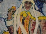 an oil painting of a woman sitting on top of a rock