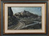 an oil painting of a landscape with a mountain in the background