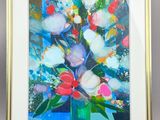 painting of a vase of flowers on a table in a gold frame